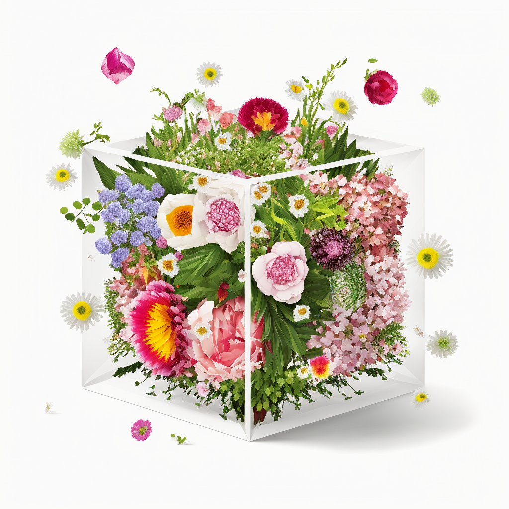 En genomskinlig kub som svämmar över med blommor och växter.